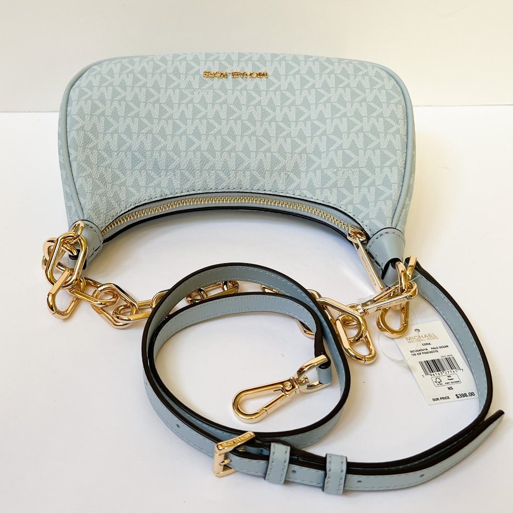 Michael Kors Cora Medium Shoulder Crossbody Bag MK Pale Ocean Blue - Picture 9 of 12